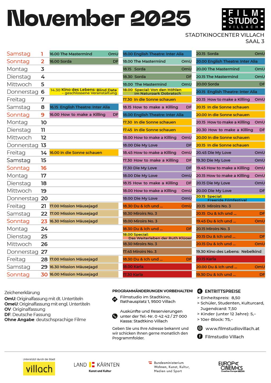 November 2025 Kinoprogramm Filmstudio im Stadtkino Villach